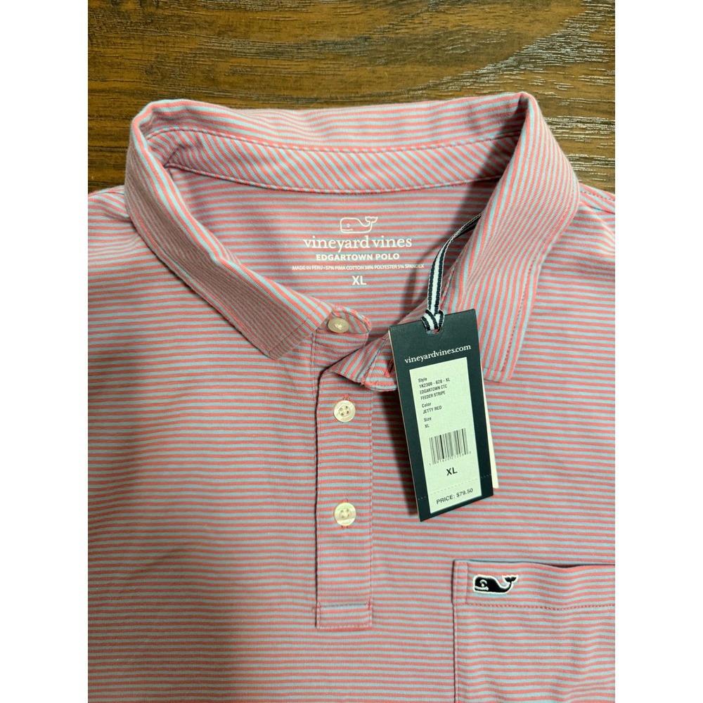 Vineyard Vines Edgartown Polo Mens XL Jetty Red Feeder Stripe Pocket Golf Shirt - Picture 3 of 4